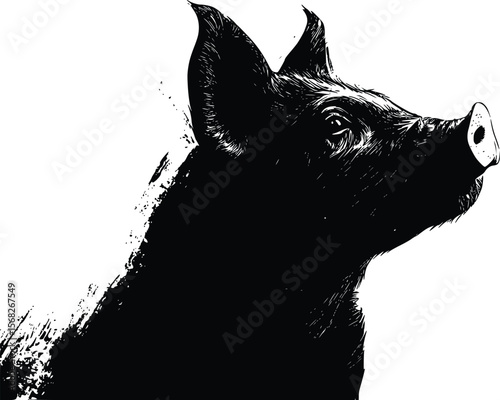 Dramatic vector pig portrait: black ink, grunge style, side profile