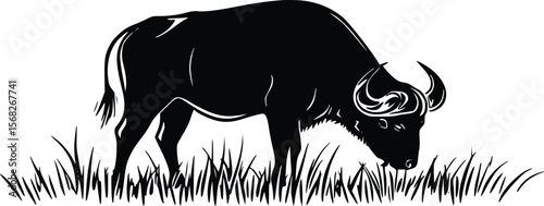 Serene African Buffalo Grazing: Vector Silhouette Illustration