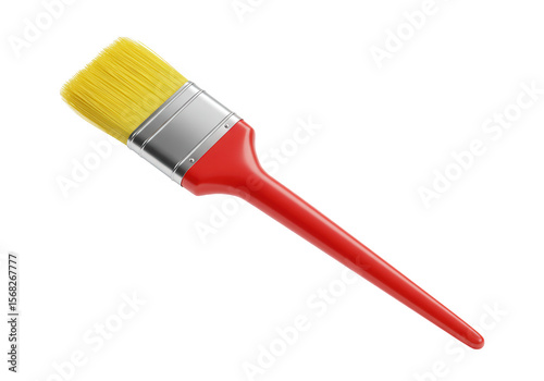 A red handled paint brush with yellow bristles isolated on transparent background