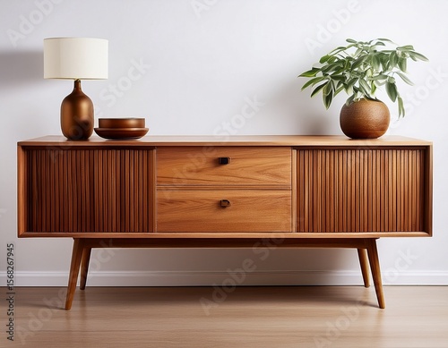 elegant mid century modern wooden sideboard with storage and stylish legs for home decor white background