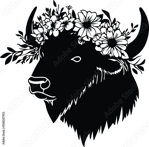 Elegant Floral Yak Head Vector: Dark Silhouette, Boho Style