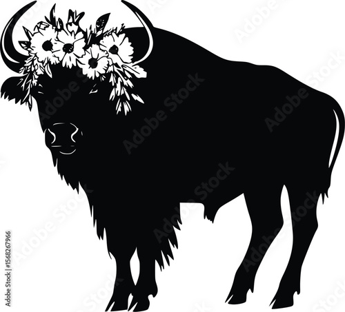 Floral Crowned Bison: Elegant Black Vector Silhouette Illustration