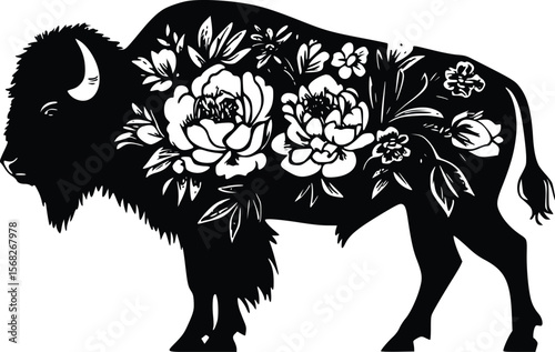 Floral Bison Silhouette: Elegant Black Vector Illustration