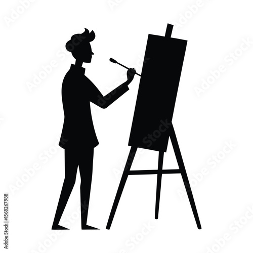 A striking silhouette of an artist painting at an easel isolated on a pure white background
