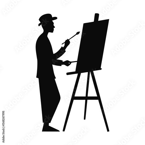A striking silhouette of an artist painting at an easel isolated on a pure white background