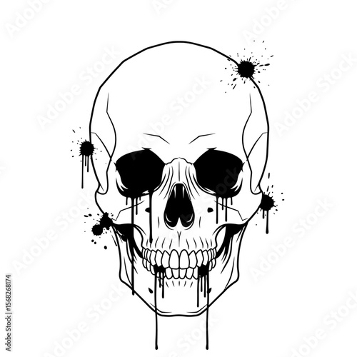 A skull with black ink dripping down on a white background image
