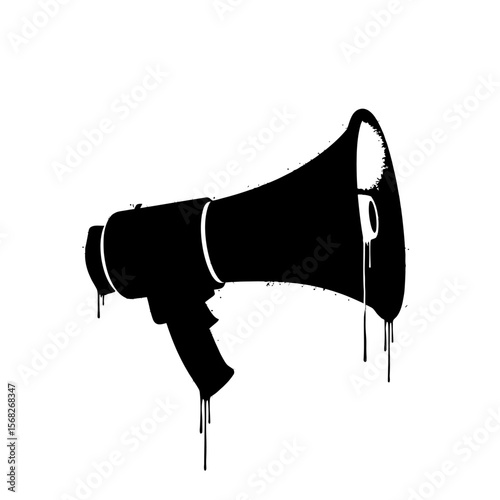 Black megaphone with dripping paint on a white background design