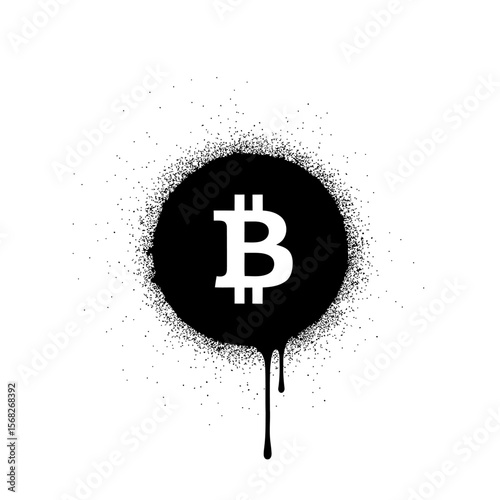 Black bitcoin symbol in a circle with dripping paint effect design