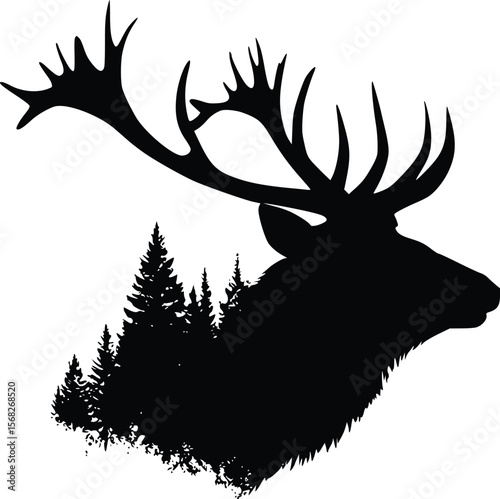 Majestic Stag Silhouette Vector: Forest Double Exposure Design