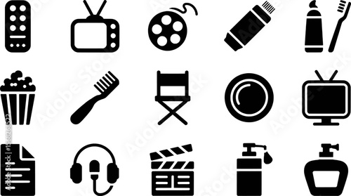 Black and white icons for entertainment and personal care items vector graphic