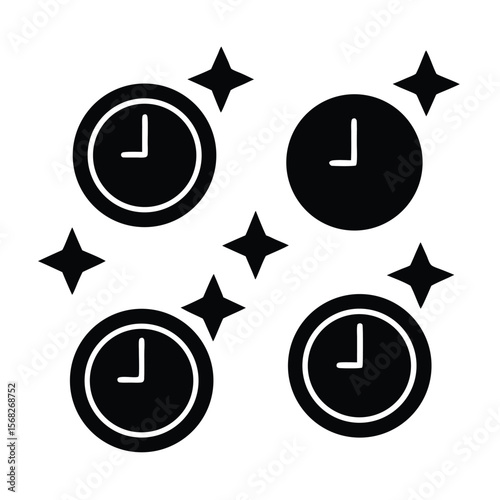 Four black clock faces with sparkles time star