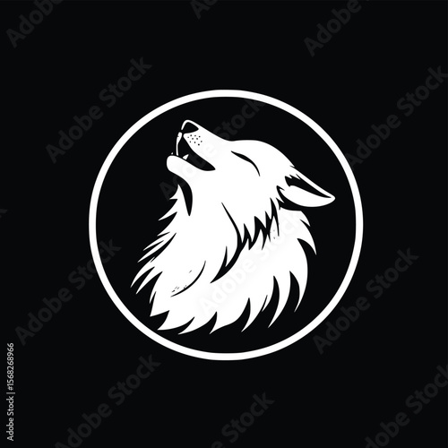 Vector illustration: howling wolf head, dark circular design, fierce mood