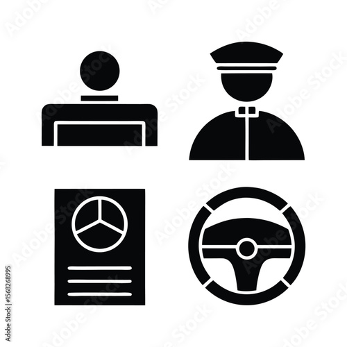 Four black icons driver silhouette steering wheel document
