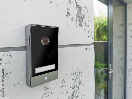 Smart doorbell with camera on modern wall