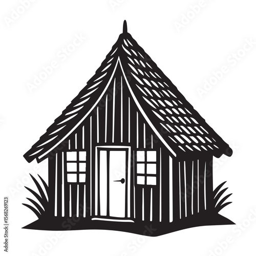 Rustic Wooden Cottage Icon Traditional Hut with Tiled Roof and Windows