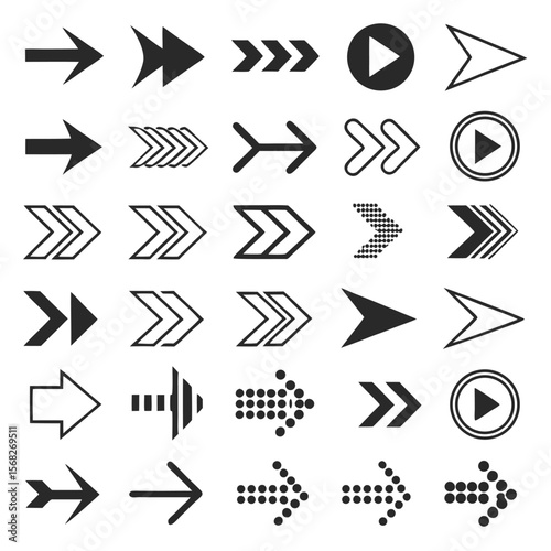Diverse collection of black arrow icons for various directional and navigational needs