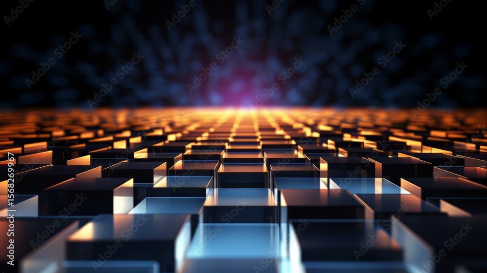 Obraz premium Close up of a black and blue grid of cubes. The cubes are illuminated with a purple light