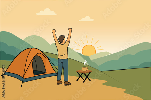 Man Enjoying Morning Sunrise at Campsite – Vector Outdoor Adventure Illustration
