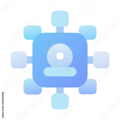 Vector art of stylized network icon with a central element connected to surrounding nodes on a gradient background isolated on transparent background
