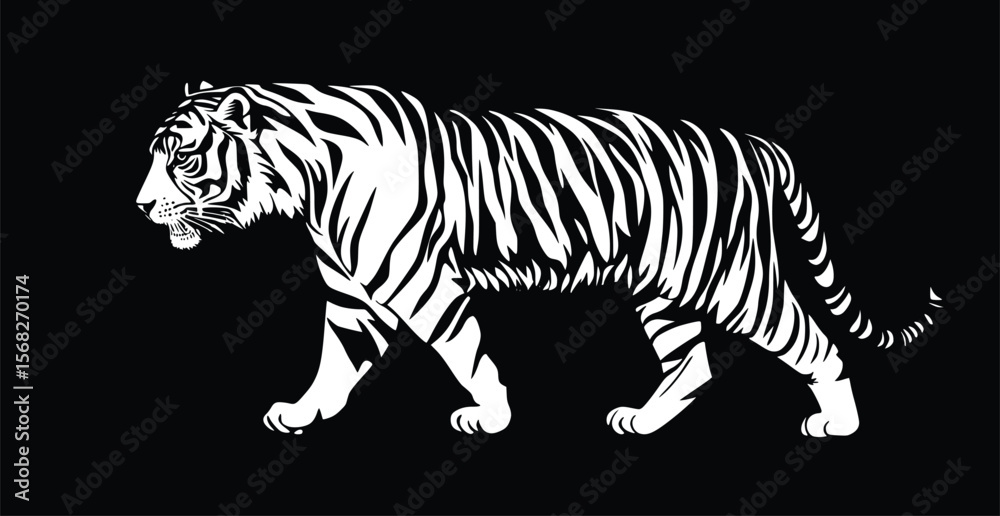 Fototapeta premium Majestic Tiger Vector: Elegant, Monochrome, Walking Silhouette Illustration