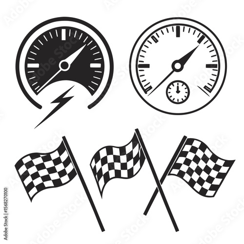 Collection of black and white racing themed icons and graphics