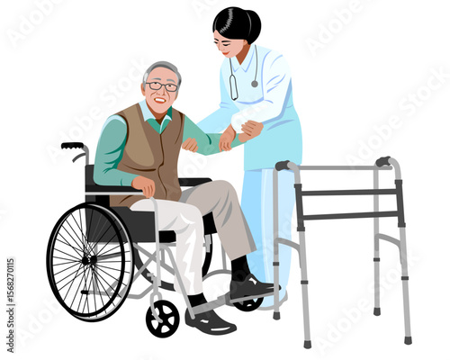 elderly man in a wheelchair and a nurse
