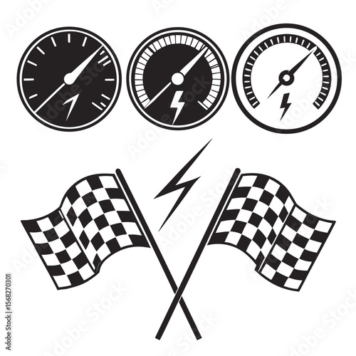 Collection of black and white racing themed icons and graphics