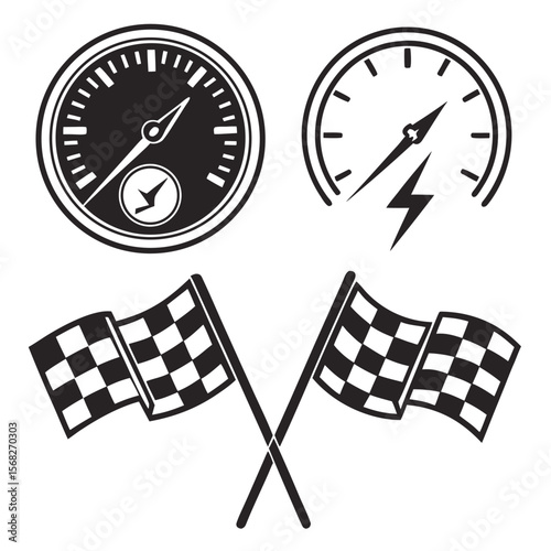 Collection of classic black and white racing icons and symbols