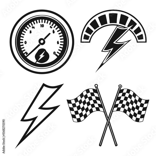 Collection of black and white racing themed icons and graphics