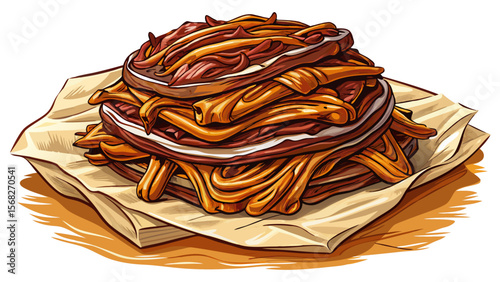 Sweet BBQ Pulled Pork, arranged in rustic strands, slightly crispy on edges, rests in a pile, moisture and texture visible on white parchment.