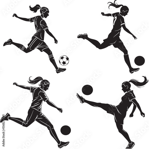 Collection of female soccer silhouettes in different action poses. Ideal for team sports, movement, and youth activities.