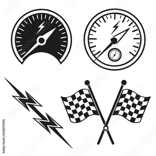 Collection of black and white racing themed icons and graphics