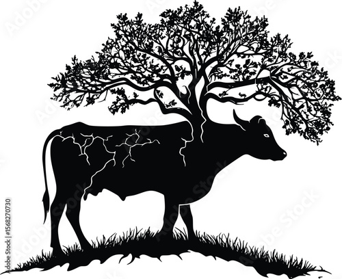 Serene Cow Silhouette Vector: Treetop Pastoral Illustration