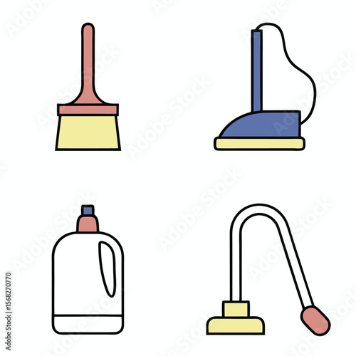 Four cleaning tools icons broom mop vacuum cleaner bottle