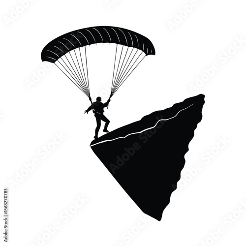 Paraglider jumping off a cliff silhouette vector illustration