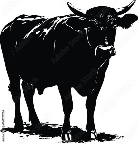 Dramatic vector silhouette: strong bull, dark profile, farm animal