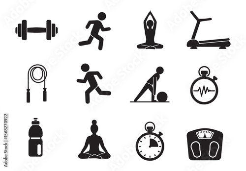 Fitness and Workout vector Icon Set– Dumbbell, Yoga, Cardio, Treadmill, Timer, Scale, Jump Rope