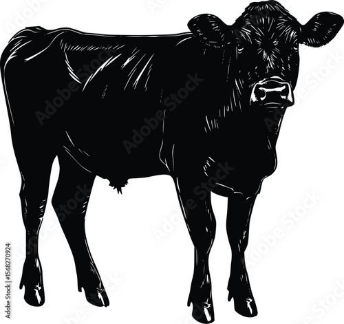 Hand-drawn vector illustration: strong young bull, black silhouette, farm animal