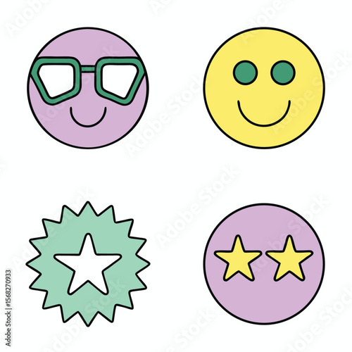 Four colorful cartoon icons with faces and stars emoji