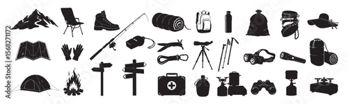 Camping and Outdoor Adventure, hiking gear vector icon set on white background