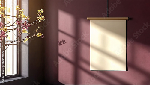Blank Scroll Mockup on Mauve Wall with Floral Branch and Sunlight Shadow