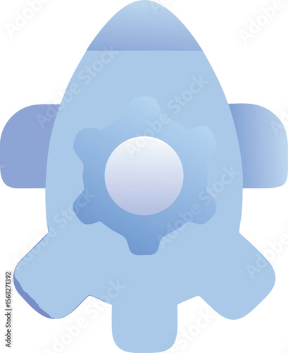 Vector art of a blue and purple gradient icon shows a rocket with a gear inside