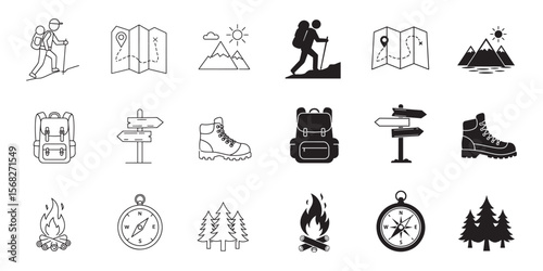 Hiking and outdoor adventure line and solid vector icon set. Camping, outdoor adventure vector icon set.