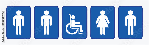 Public restroom icon set. Blue vector pictograms with man, woman, pictogram, vector, symbol, and disabled signs for public space and facility wayfinding.