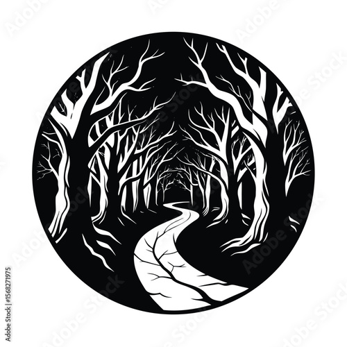 Dark forest path with bare trees in circle silhouette vector illustration