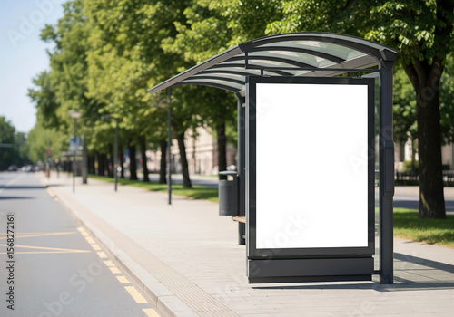 Blank Vertical Advertising Panel at Modern Bus Stop Shelter on Sunny Urban Street
