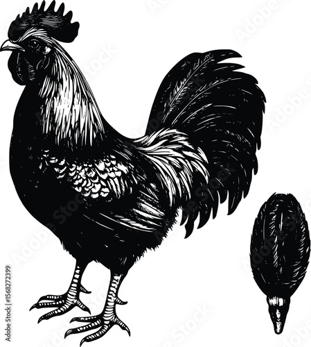 Majestic Rooster Vector Illustration: Detailed Ink Drawing, Farm Animal