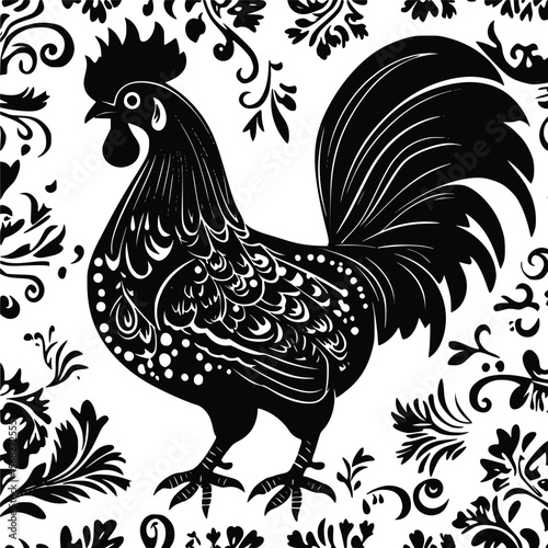 Elegant black vector rooster illustration; ornate floral design