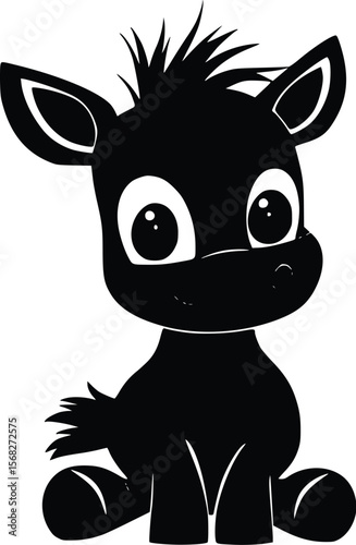 Adorable baby donkey vector illustration: cute, playful, black silhouette.