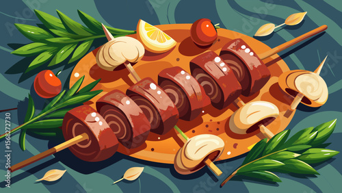 Beef and Mushroom Skewers, American-style, alternate tender sirloin and portobello mushrooms, brushed in garlic butter and grilled to a rich finish.